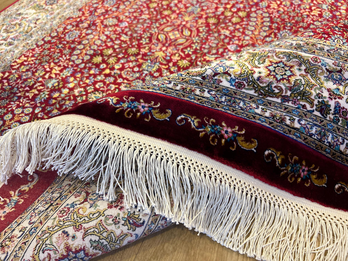 Red Silk Rug, 4x6 Ft, Floral Framed Design, Classic Luxury Area Rug