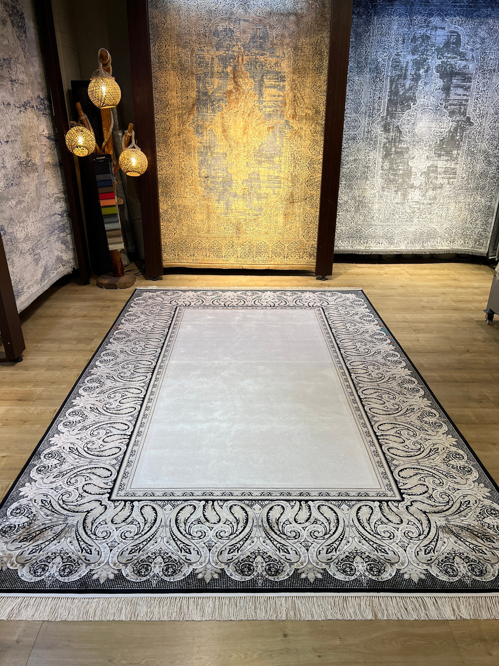 Cream Silk Rug, Black Framed Elegant Style, Luxury Home Decor