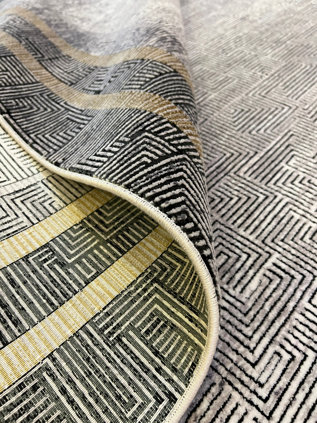 Geometric Pattern Bamboo Rug, Dark Gray, Turkish Carpet