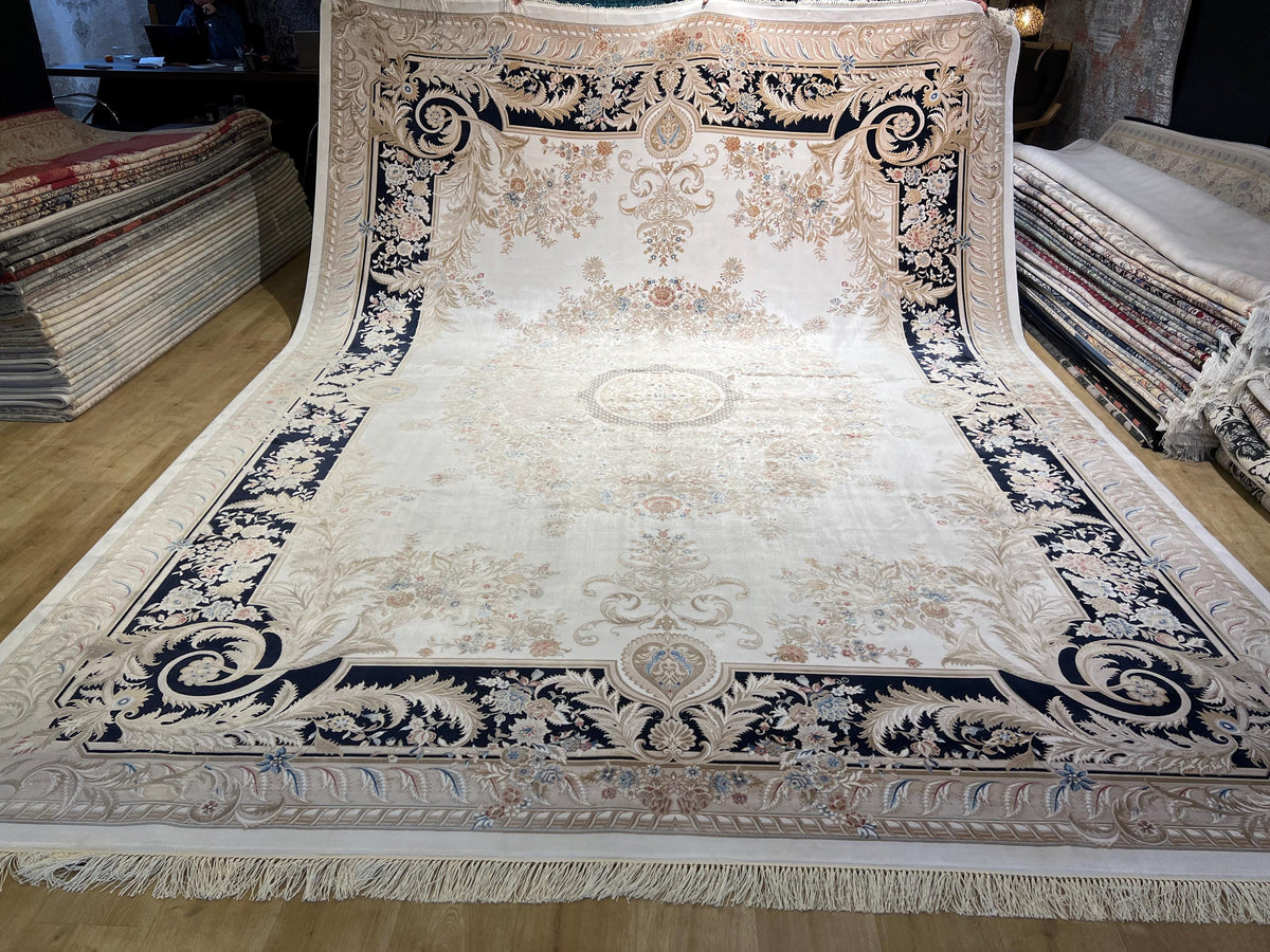 10x13 ft Ivory Silk Rug with Navy Blue Border Gold Medallion, Big Silk Carpet