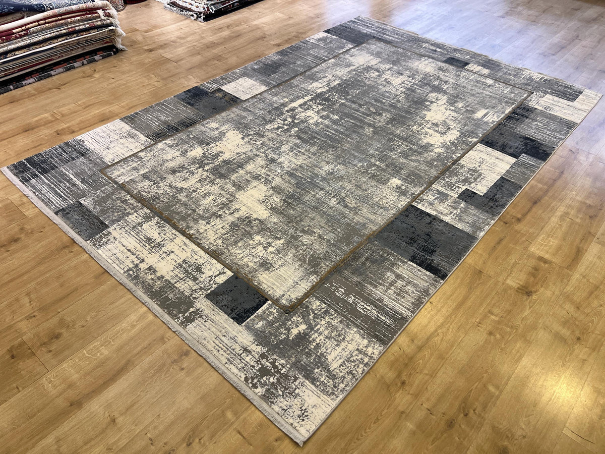 7x10 Ft Gray Modern Bamboo Rug with Framed Border Design