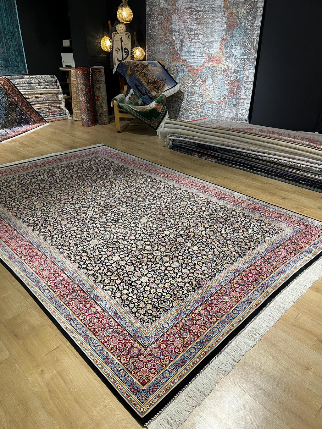 7x10 Ft Black Silk Rug With Red Border, Traditional Floral Classic Design