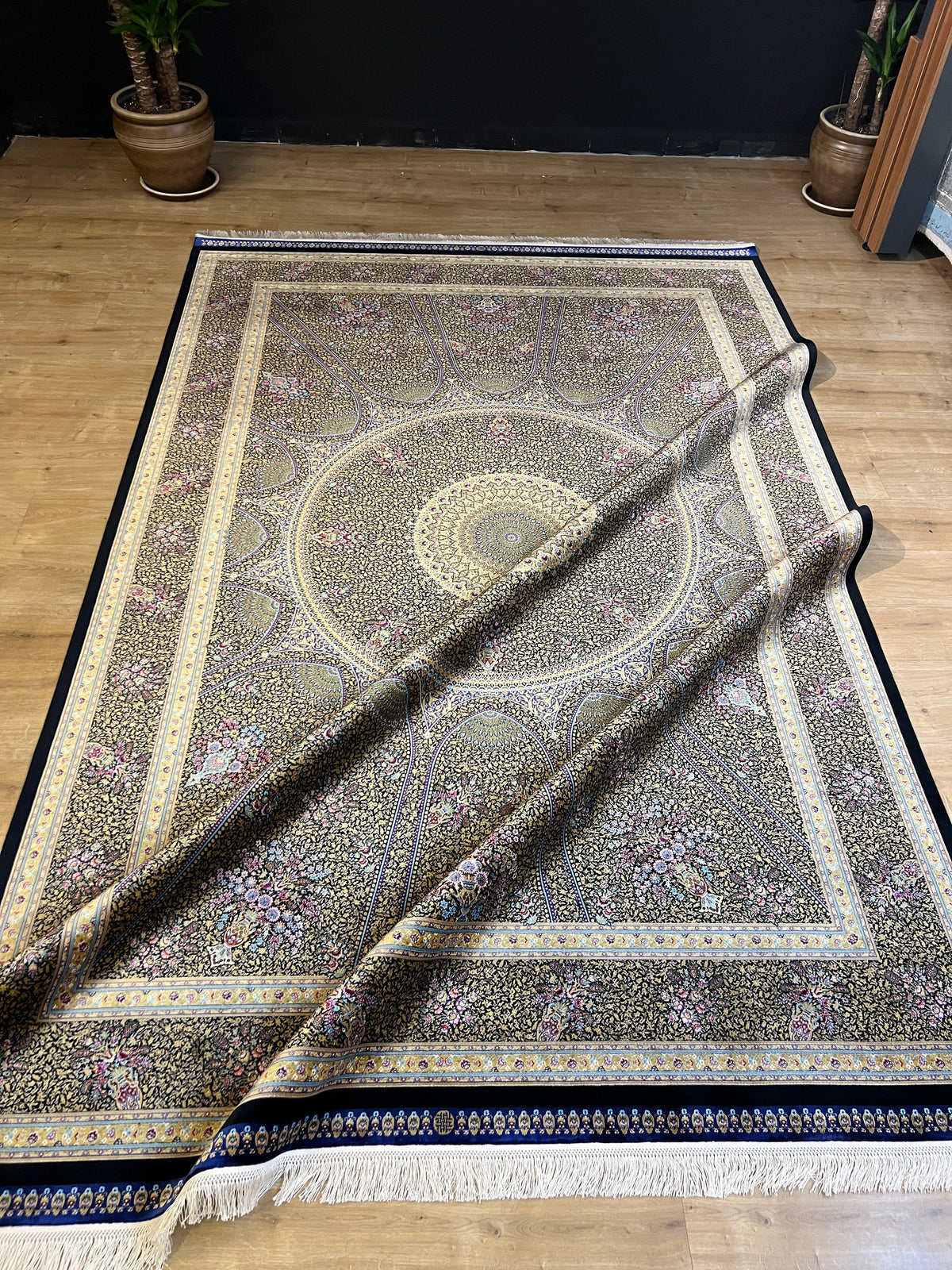 Black Gold Modal Silk Rug 7x10 ft, Turkish Style Medallion Carpet