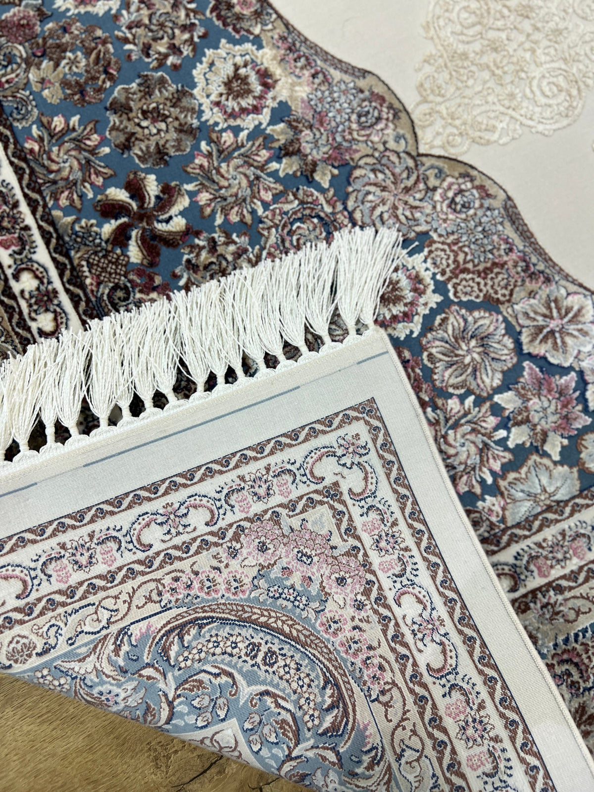 Ivory Blue Silk Rug, Medallion Design Luxury Carpet