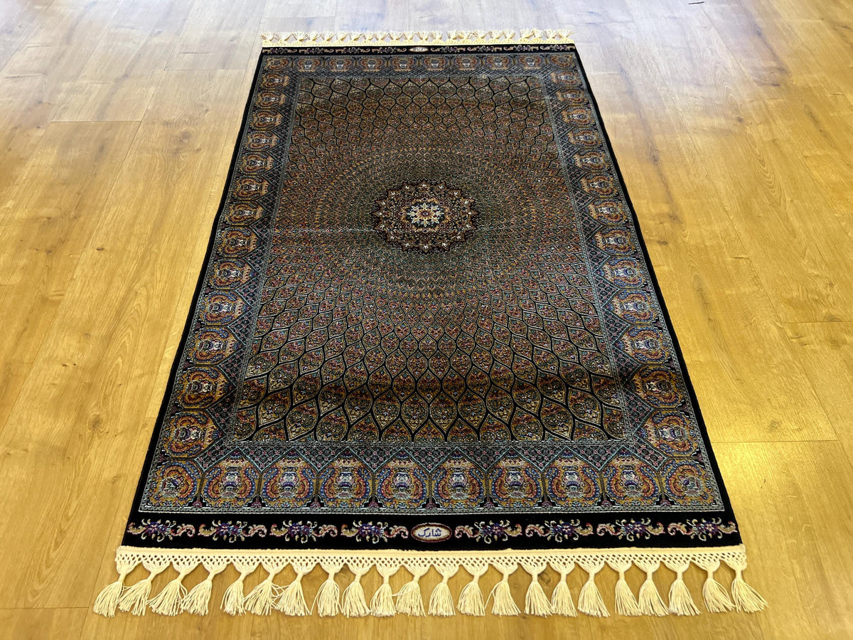 Black Gold Silk Turkish Rug, Small Gift Carpet, Home Decor