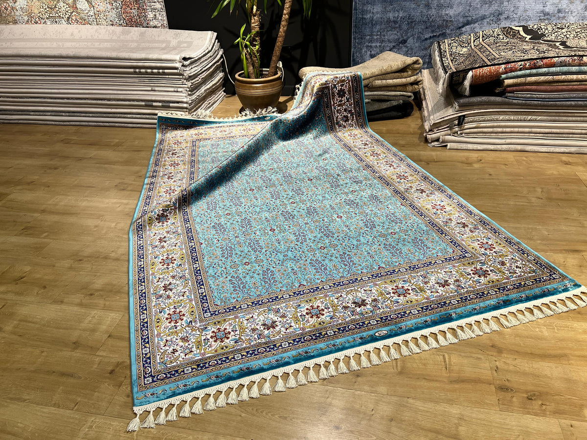 Blue Silk Rug, Floral Border Design, Turkish Style Carpet, Luxury Rug