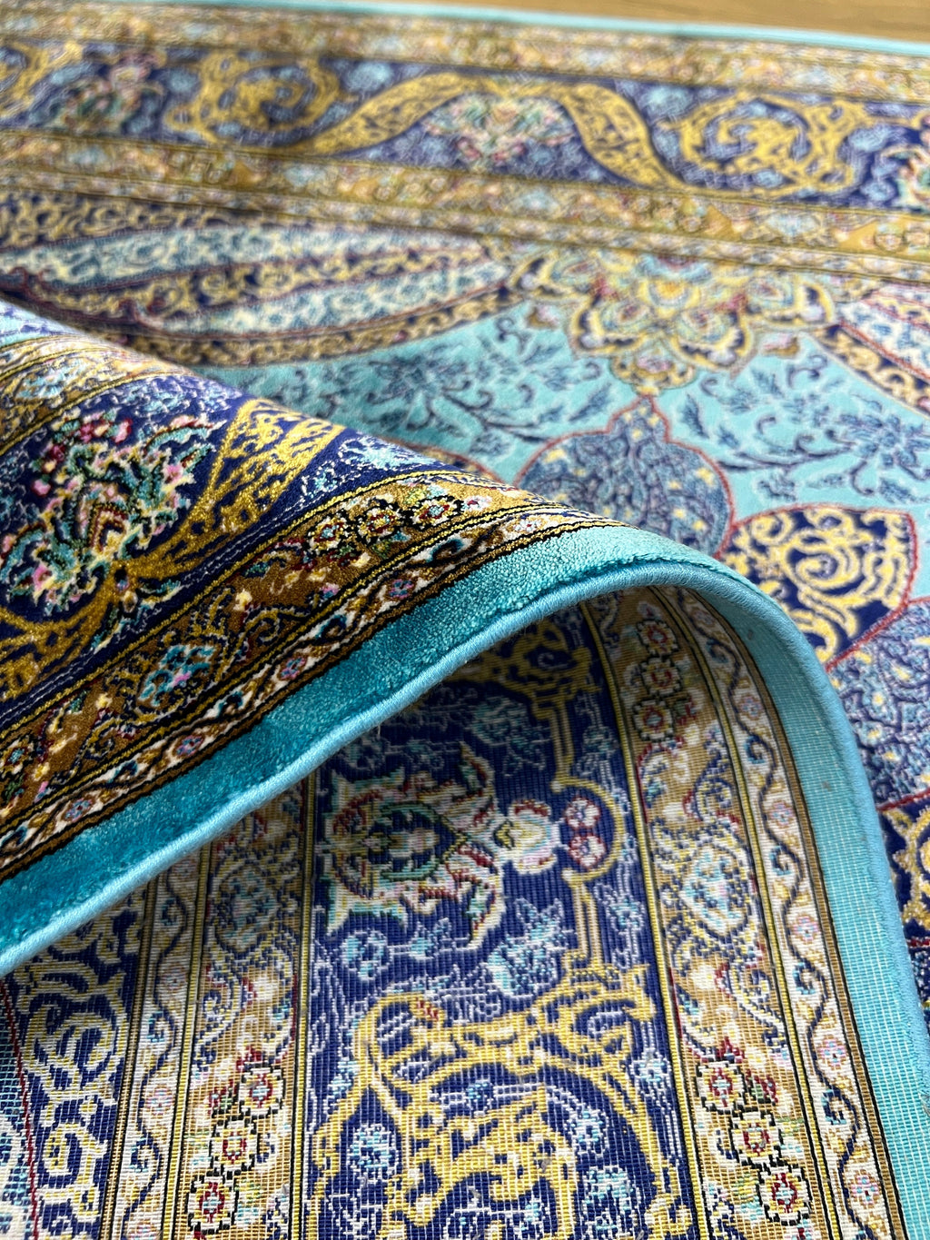 3x10 ft Blue Gold Medallion Silk Runner Rug, Turkish Home Luxury Style