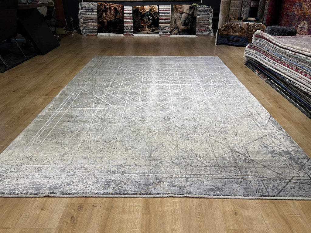 Gray Gold Bamboo Rug, Geometric Striped Pattern, Abstract Modern Area Rug