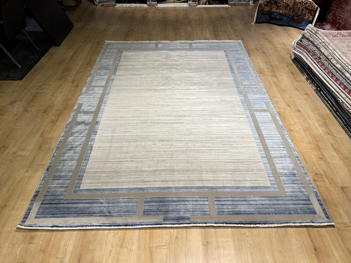 7x10 ft Blue Gray Beige Bamboo Rug, Bordered Minimalist Modern Rug, Oversize Carpet