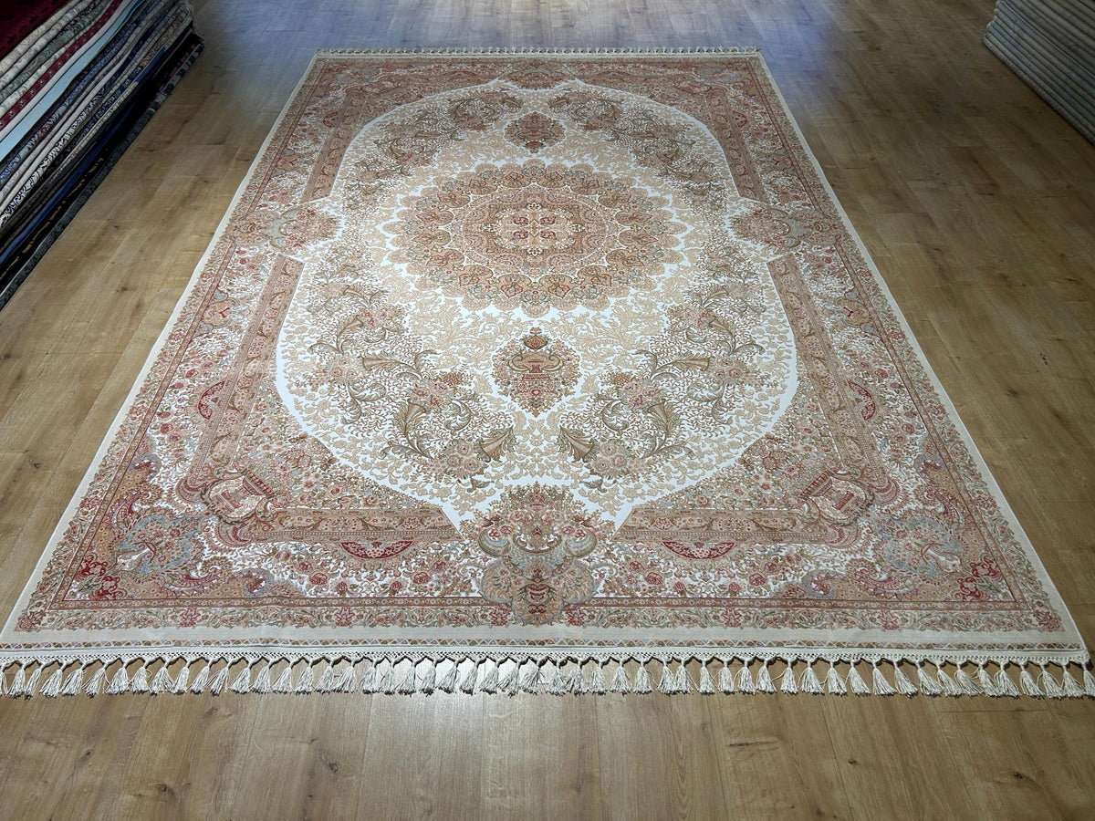 7x10 Ivory Silk Rug, Green Gold Floral Silk Carpet, Classic Medallion Design