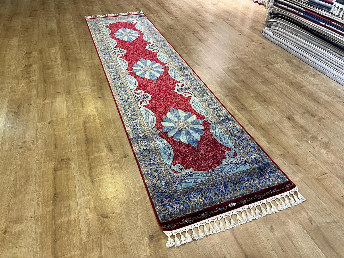 3x10 ft Red Silk Runner Rug, Blue Medallion, Classic Luxury Hallway Rug