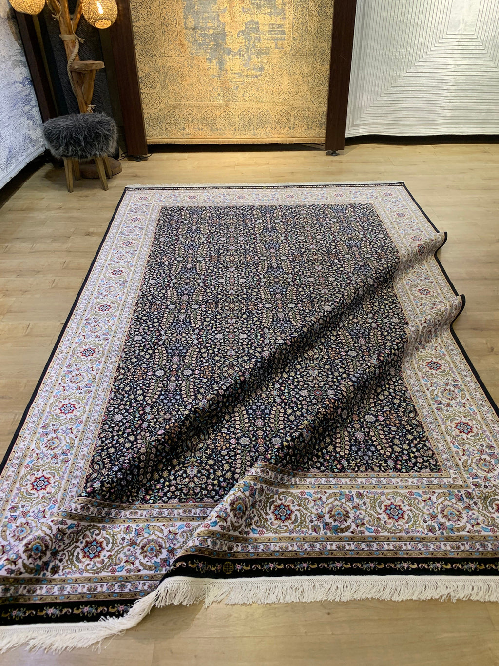 Black Modal Silk Rug, Turkish Style, Home Decor (7x10 ft)