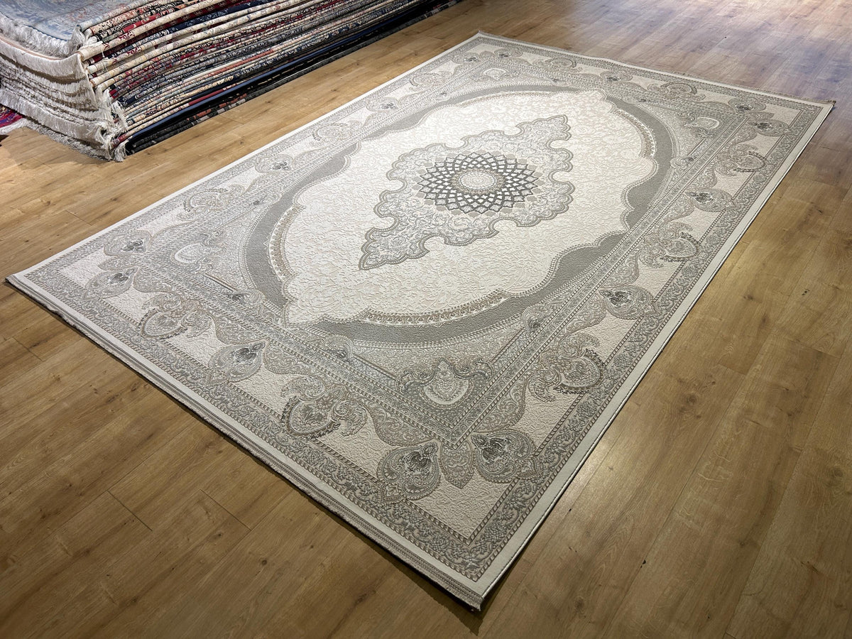 Gray Ivory Bamboo Rug, Classic Medallion Design Bamboo Carpet, Turkish Style Home Decor