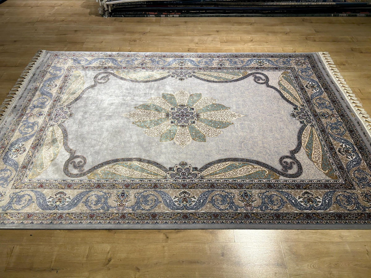 Gray Silk Rug, Gold Blue Medallion, Classic Traditional Style Carpet