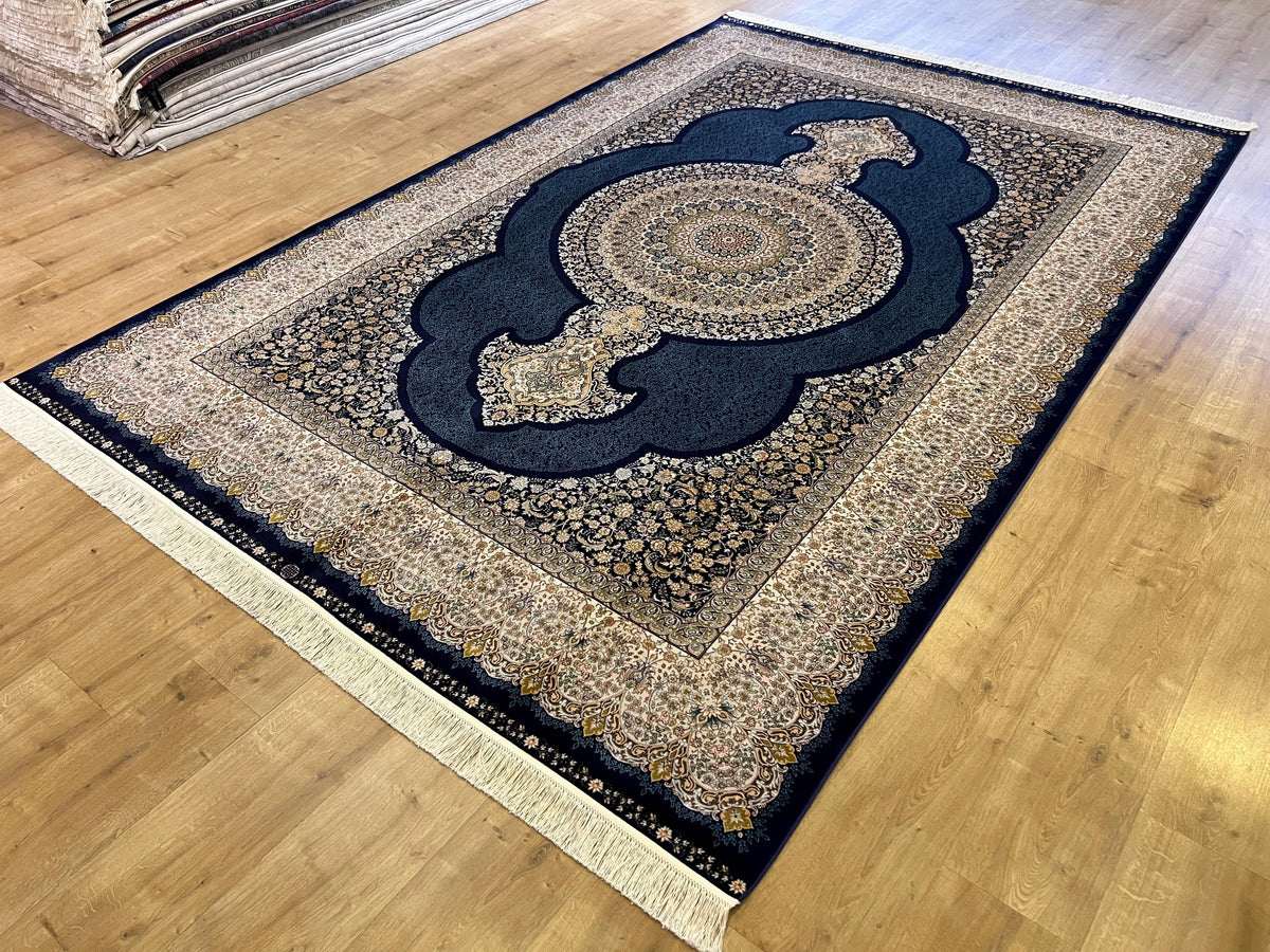 Navy Blue Modal Silk Turkish Carpet, 7x10 ft, Medallion Pattern Rug
