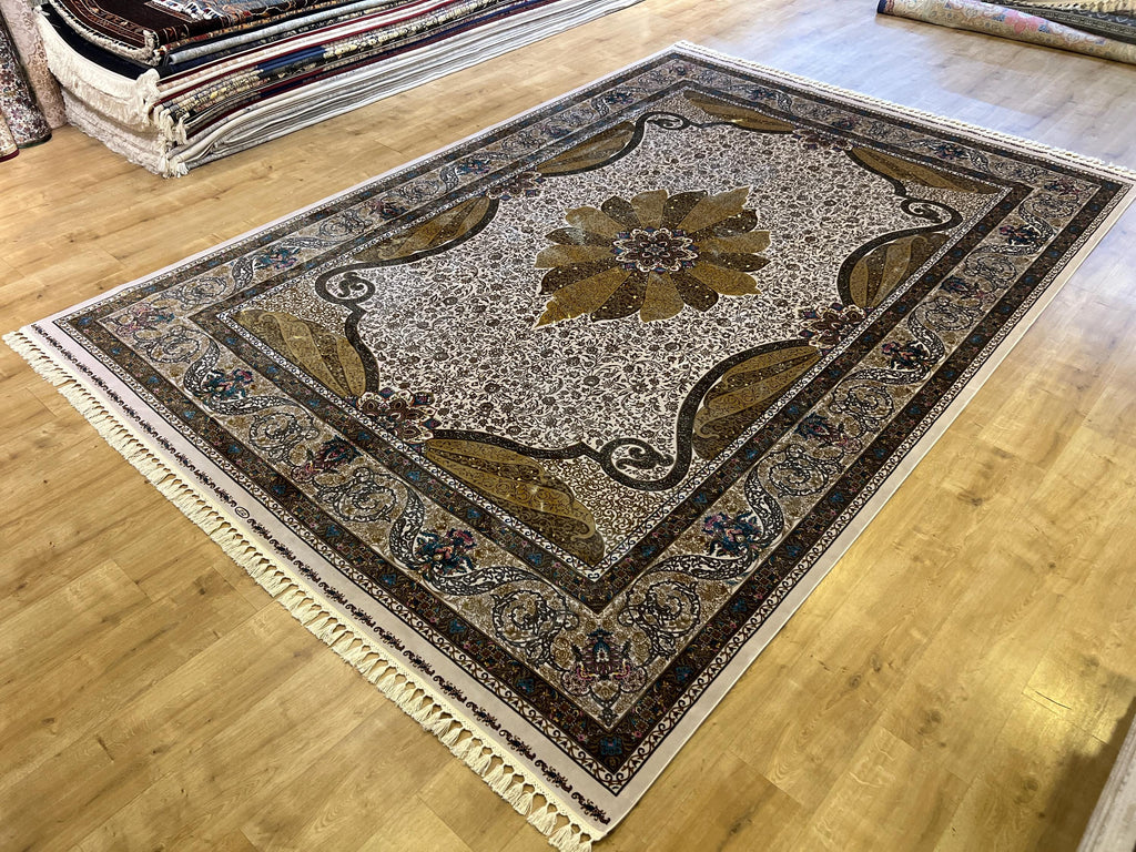 Gold Ivory Modal Silk Rug 8x11 ft, Medallion Design
