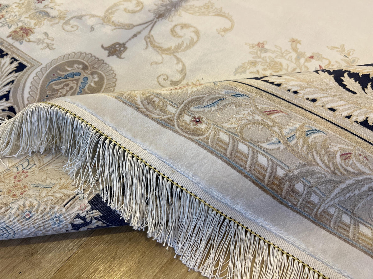 7x10 ft Ivory Silk Rug, Navy Blue Border Gold Medallion, Classic Turkish Rug