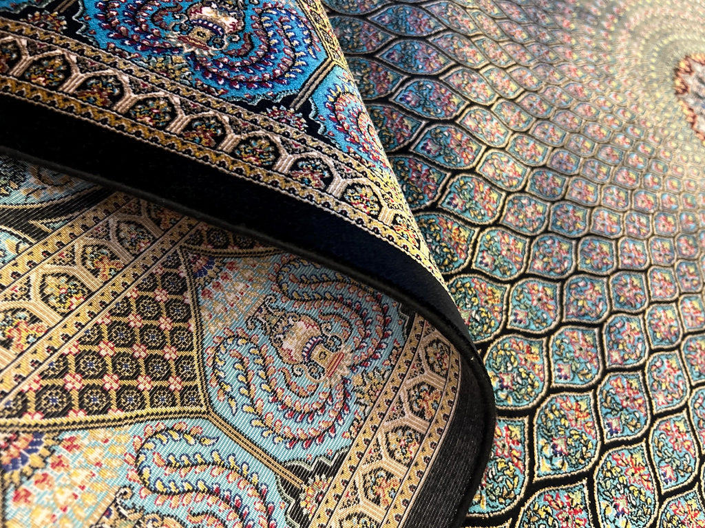 7x10 ft Blue Black Silk Rug, Peacock Tail Pattern Medallion Design Rug, Traditional Carpet