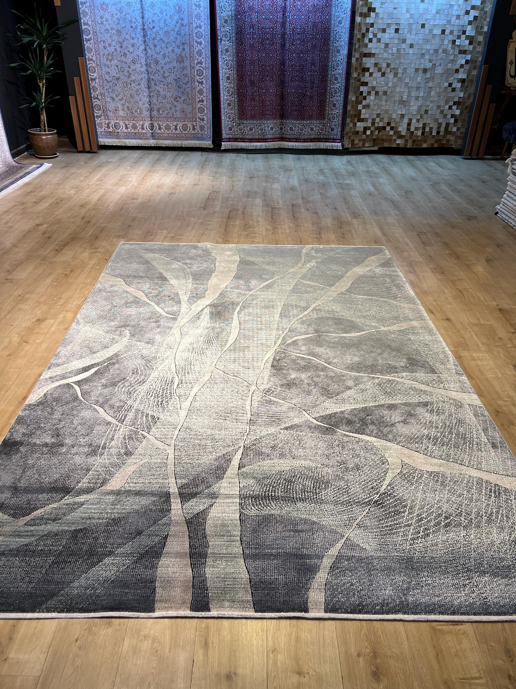 7x10 ft Gray Green Bamboo Rug with Abstract Modern Design