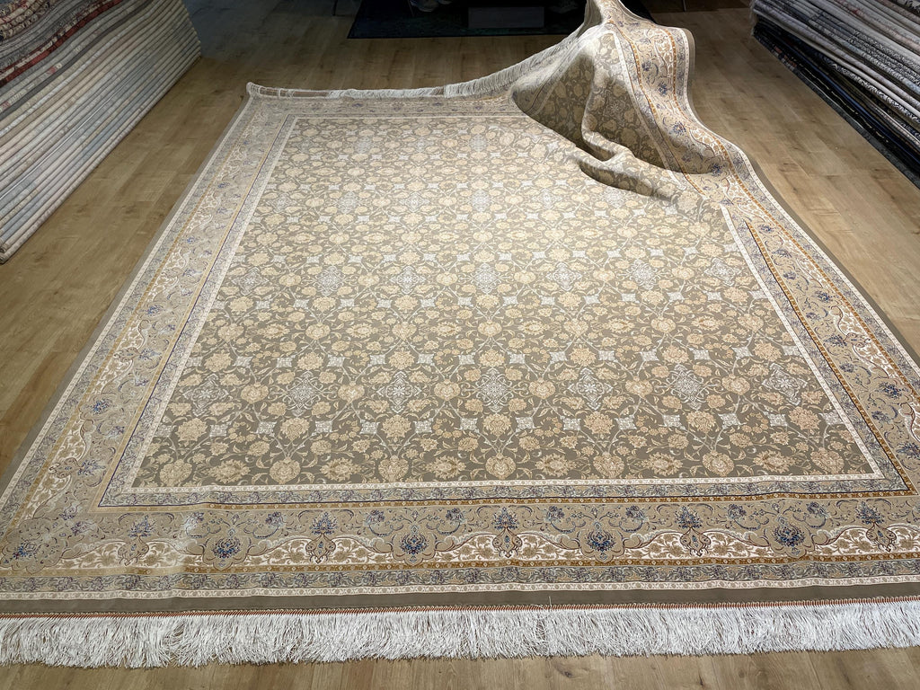 Beige Silk Rug, Cream Floral Design With Elegant Border, Luxury Area Rug