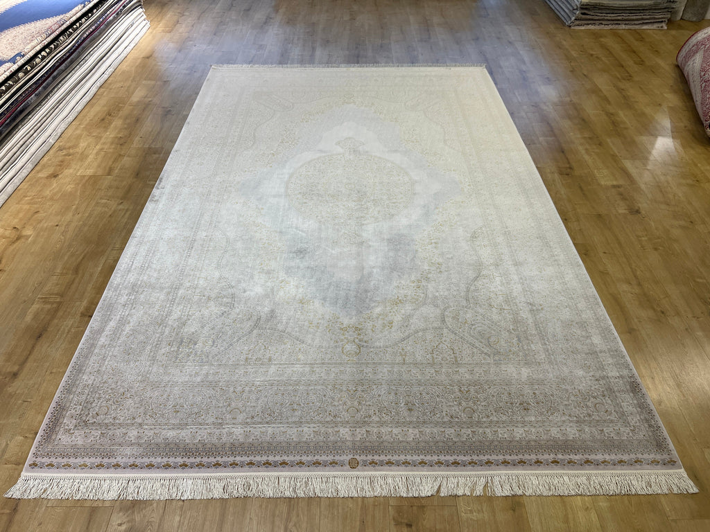 7x10 ft Ivory Silk Rug with Grey Gold Medallion, Luxury Classic Floral Design