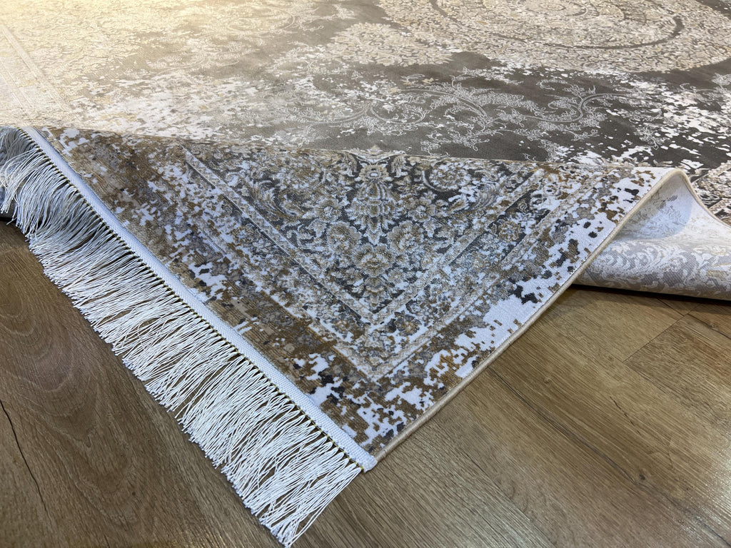 Cream Silk Rug with Beige Medallion and Border, Antique Style