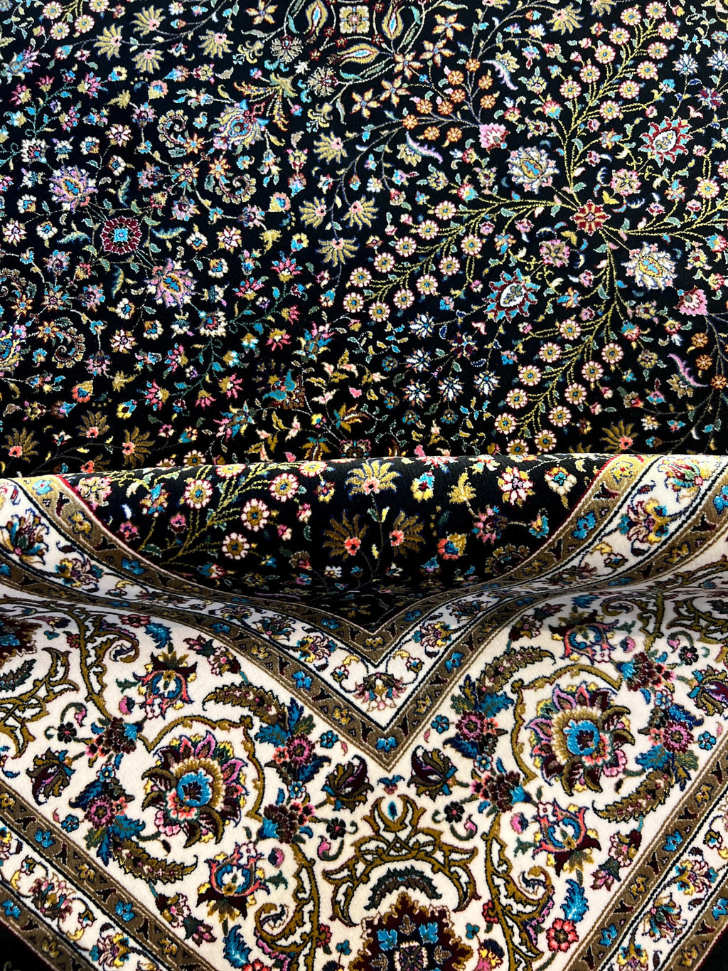 Black Modal Silk Rug 8x11 ft, Traditional Turkish Palace Design