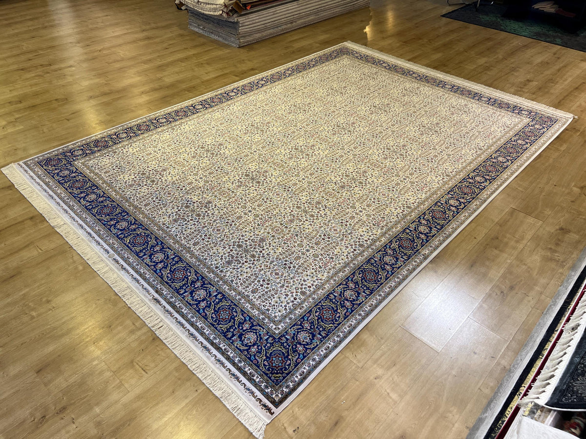 Ivory Blue Floral Silk Rug, Traditional Turkish Carpet, Luxury Home Decor