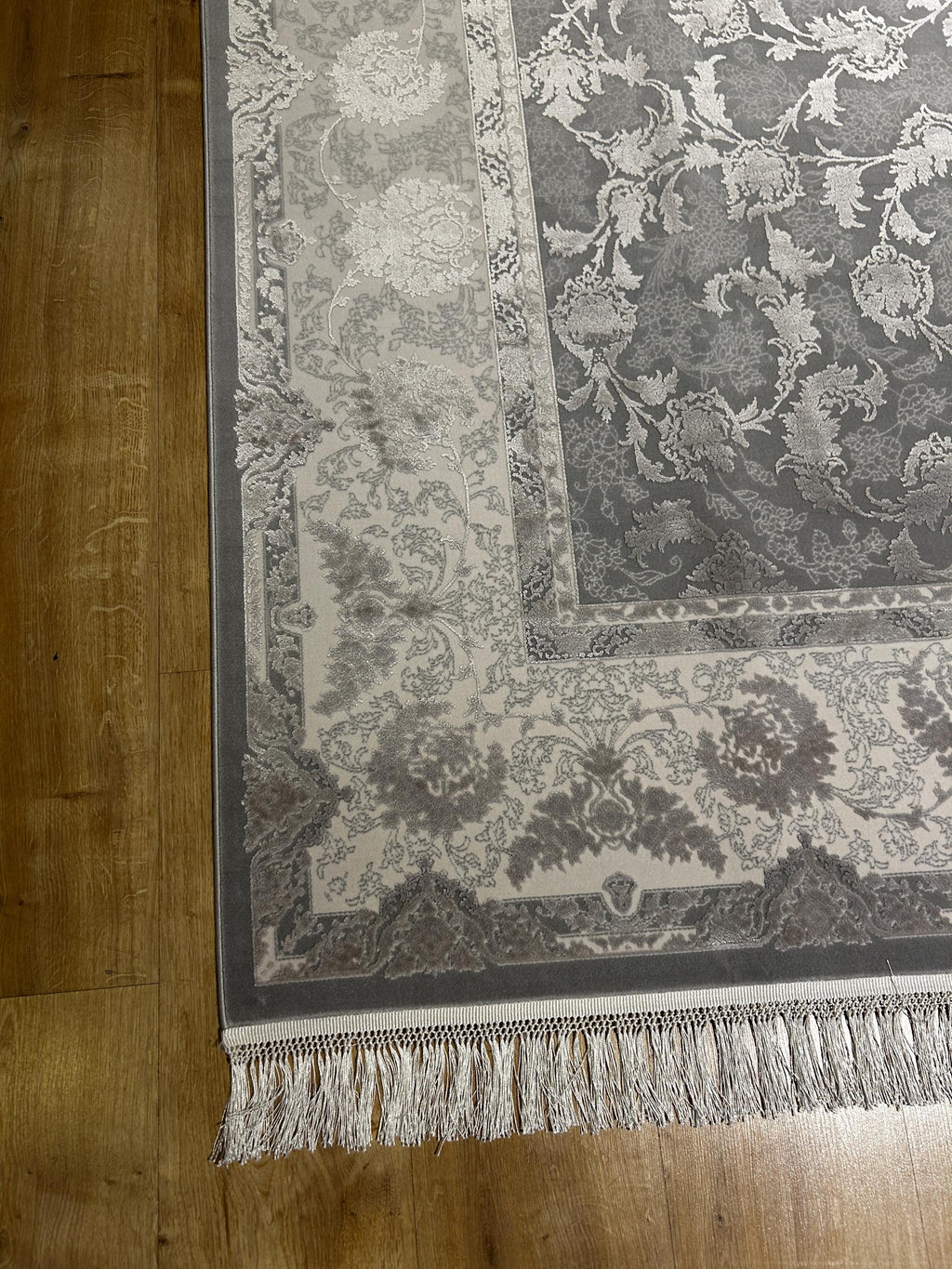 Gray Silk Bamboo Rug, 7x10 ft, Floral Pattern Bordered Turkish Rug