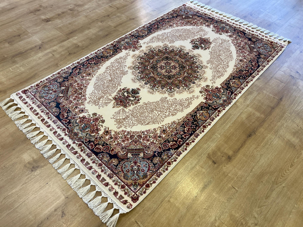 Ivory Silk Rug with Navy Blue Border and Medallion, 3x5 ft, Classic Small Rug