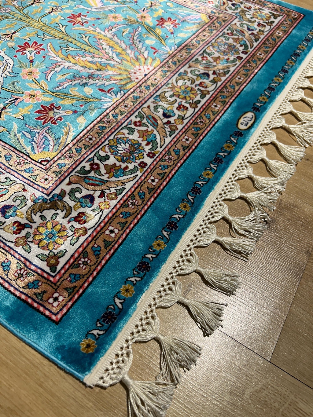 2.62x4.10 ft Blue Silk Prayer Rug, Floral and Bird Design Mat, Muslim Janamaz Mat