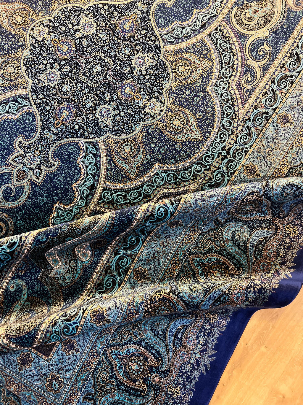 Navy Blue Classic Medallion Design Silk Rug, Traditional Turkish Style