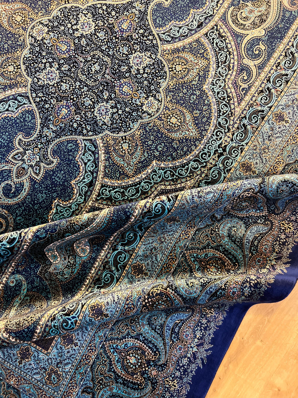 Navy Blue Classic Medallion Design Silk Rug, Traditional Turkish Style