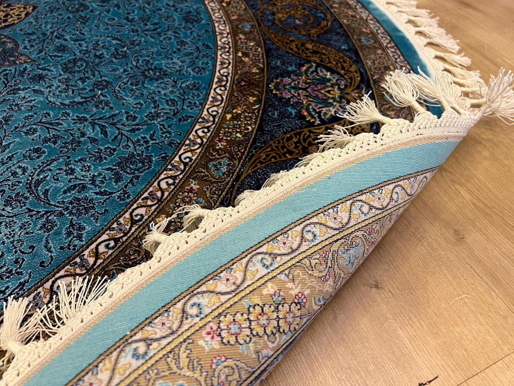 5x5 Ft Round Blue Gold Silk Rug, Medallion Design, Classic Luxury Area Rug