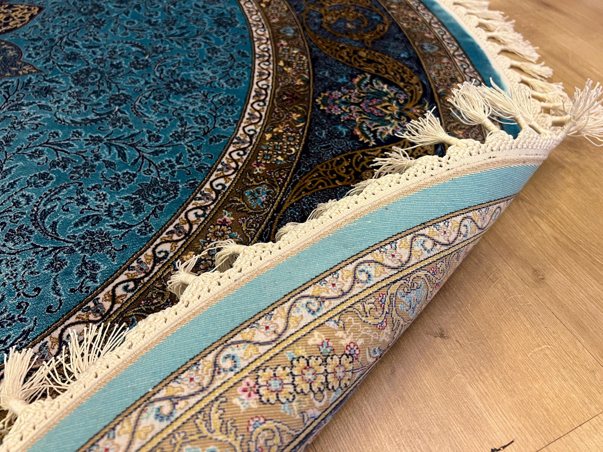 5x5 Ft Round Blue Gold Silk Rug, Medallion Design, Classic Luxury Area Rug