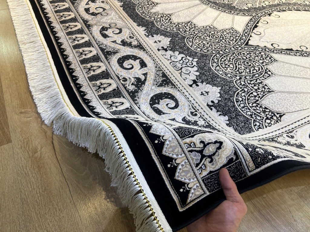 Black Silk Area Rug with Elegant Classic Motifs, Oversize Rug