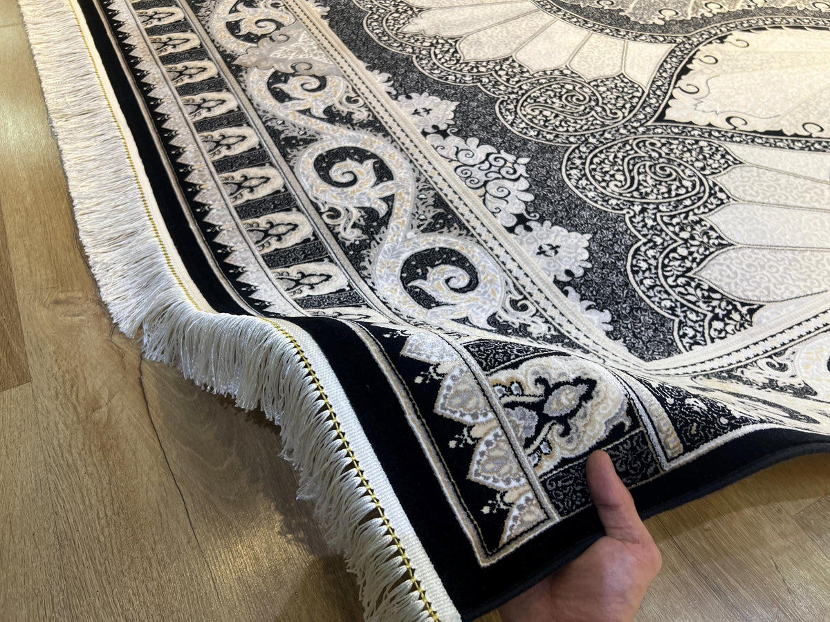 Black Silk Area Rug with Elegant Classic Motifs, Oversize Rug
