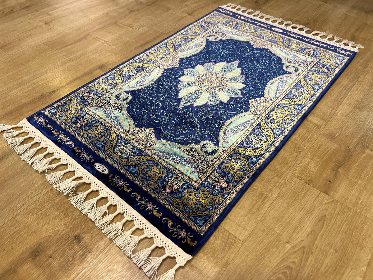Navy Blue Silk Carpet, Medallion Design Classic Small Rug