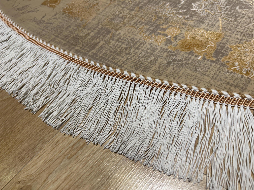 7x7 Ft Beige Gold Silk Rug, Distressed Floral Pattern Carpet
