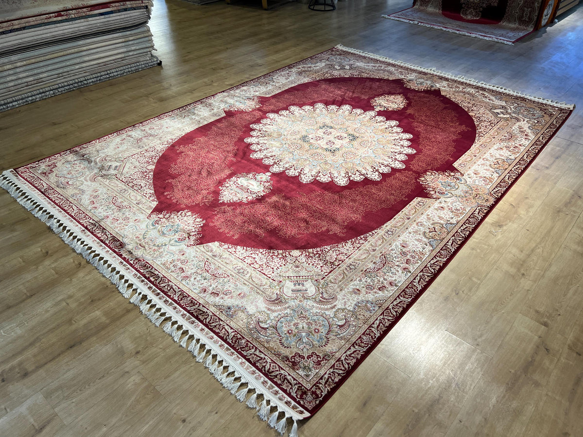 8x11 ft Bamboo Silk Rug, Large Luxury Area Rug with Red Medallion Design