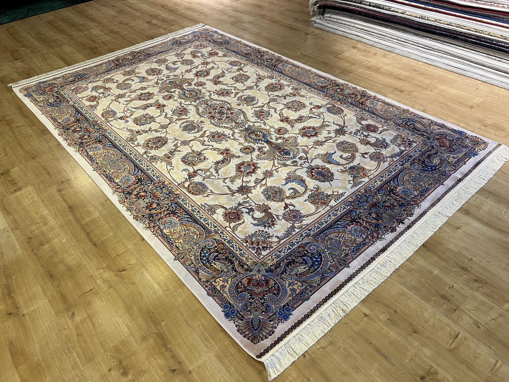 7x10 ft Ivory Silk Rug, Navy Border Classic Turkish Style, Oversize Rug
