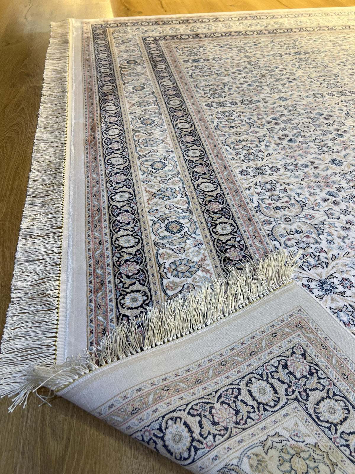 7x10 ft Ivory Silk Rug with Floral Border, Oversize Rug, Classic Turkish Style