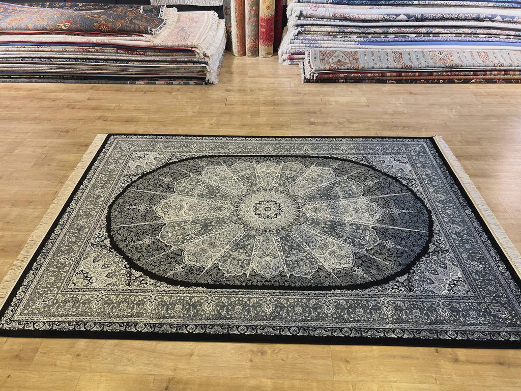 5x8 ft Black Silk Rug, Gray Medallion, Classic Turkish Style, Luxury Carpet