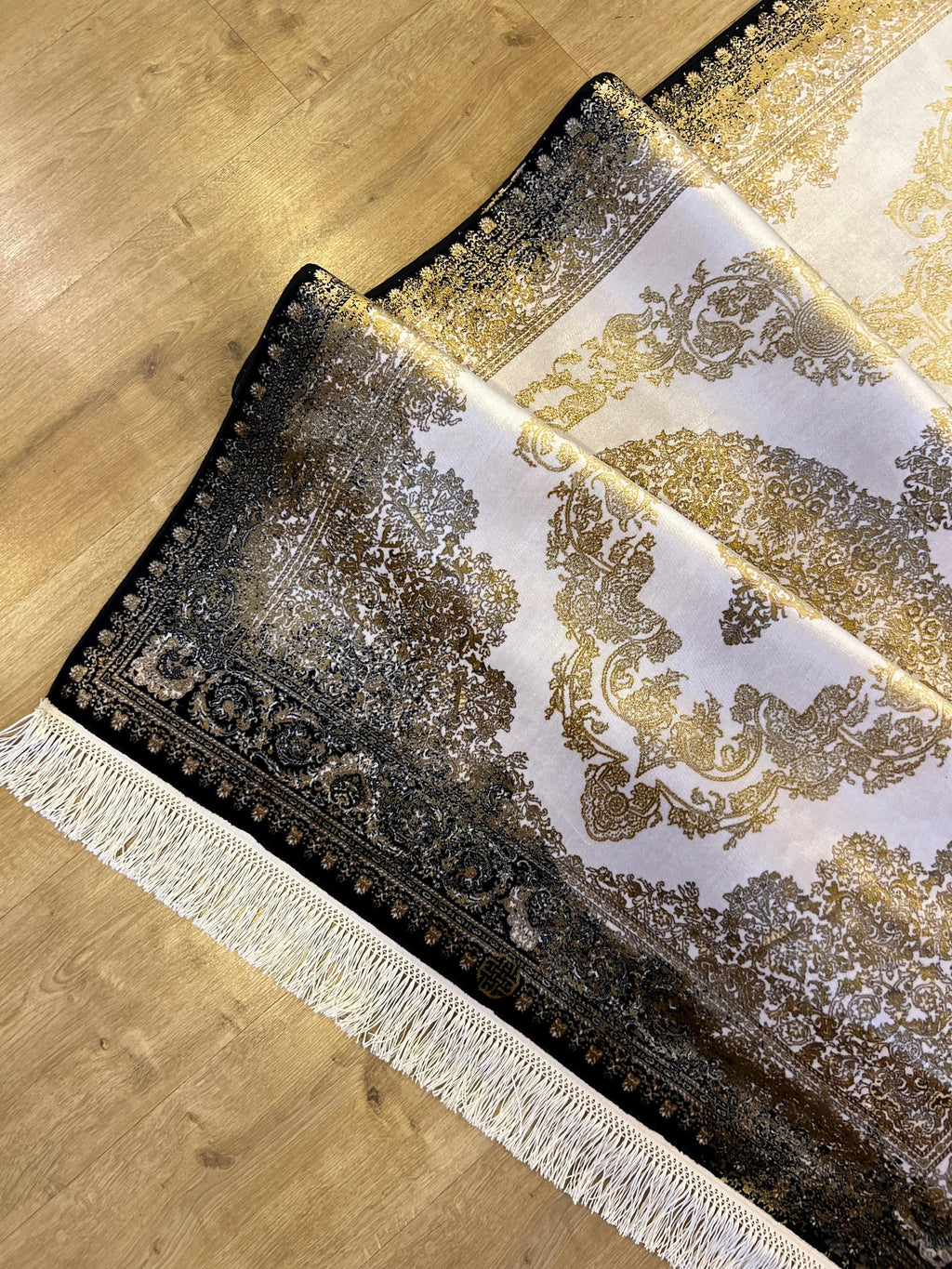 Black Gold Medallion Silk Runner Rug, 3x10 ft, Classic Luxury Turkish Rug