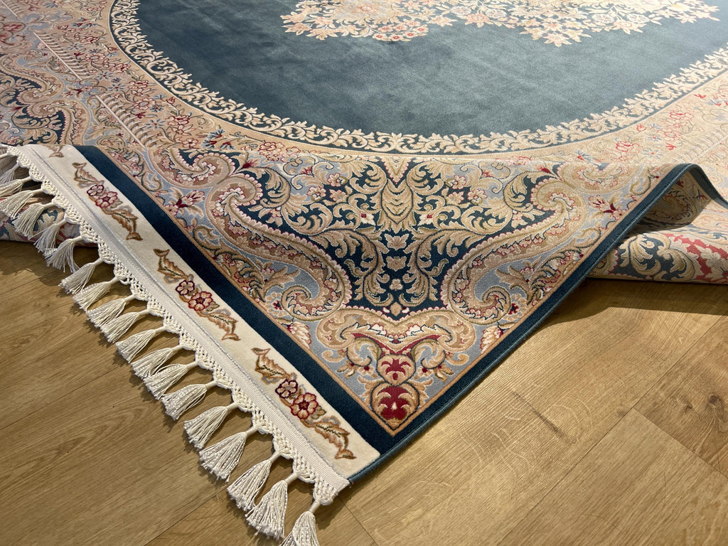 Blue Beige Silk Palace Rug, Traditional Turkish Carpet 8x11