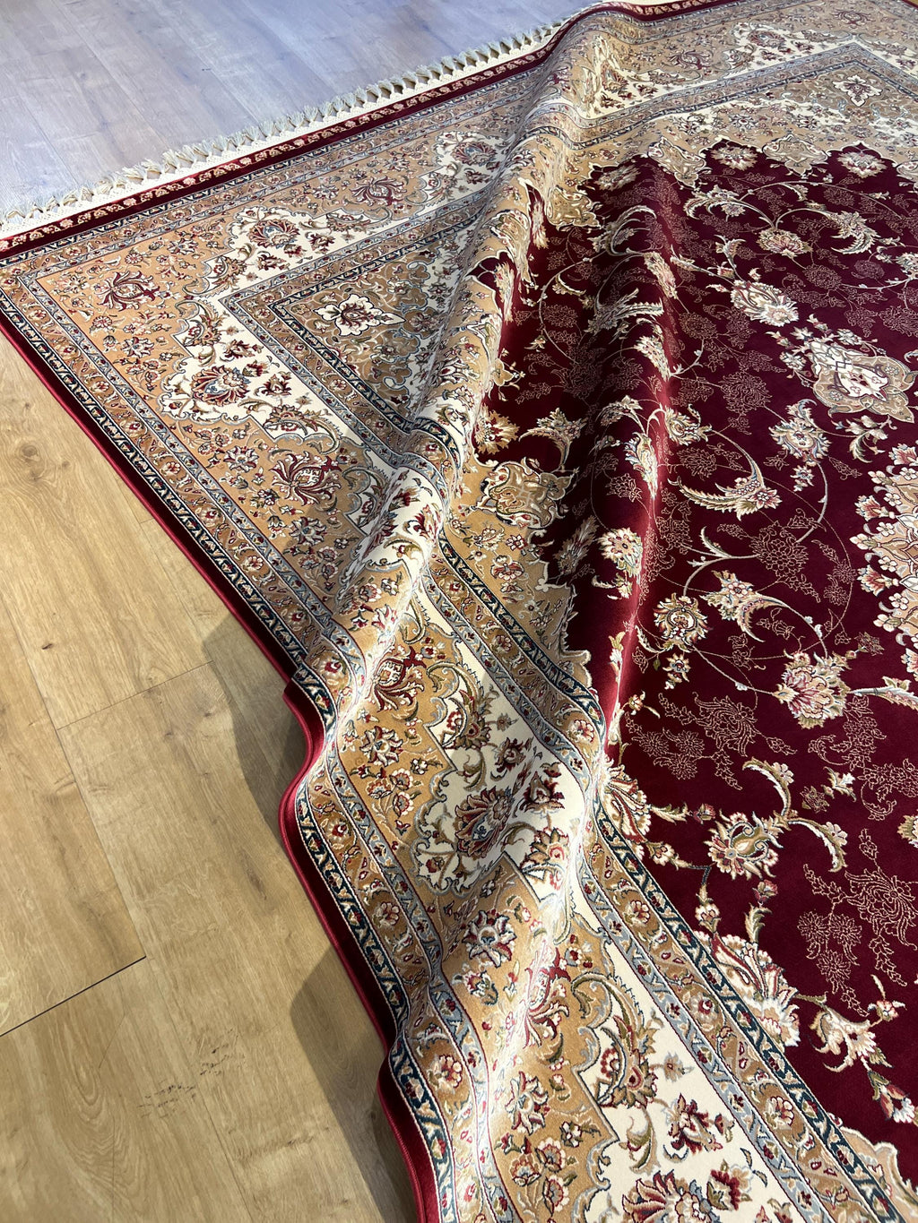 8x11 ft Classic Silk Carpet, Red Base Gold Medallion, Turkish Style Oversize Rug