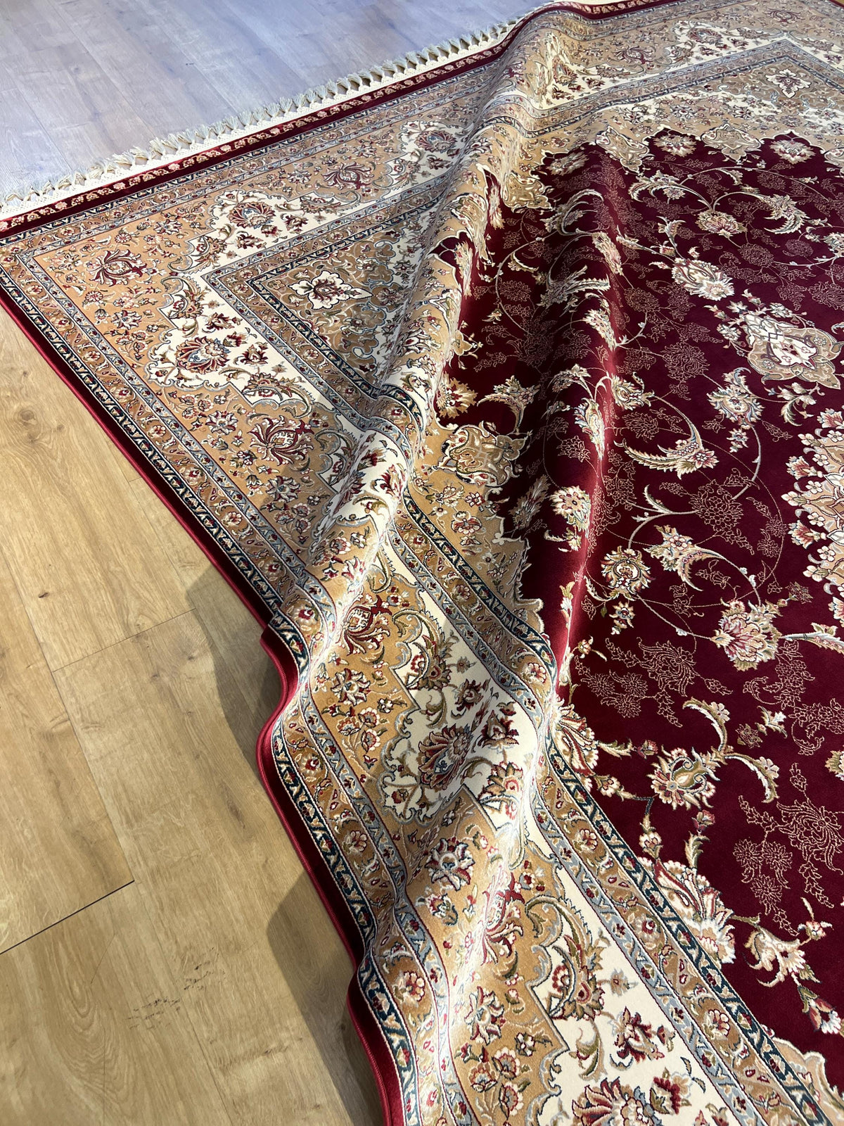 8x11 ft Classic Silk Carpet, Red Base Gold Medallion, Turkish Style Oversize Rug