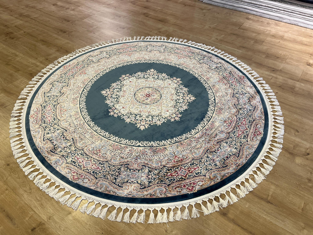 Blue Round Silk Rug, Medallion Design Turkish Carpet