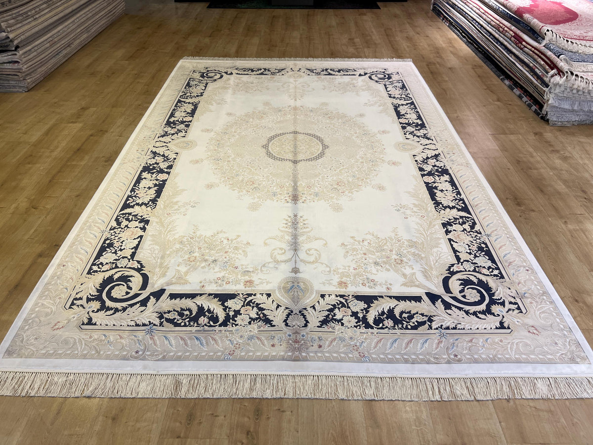 7x10 ft Ivory Silk Rug, Navy Blue Border Gold Medallion, Classic Turkish Rug