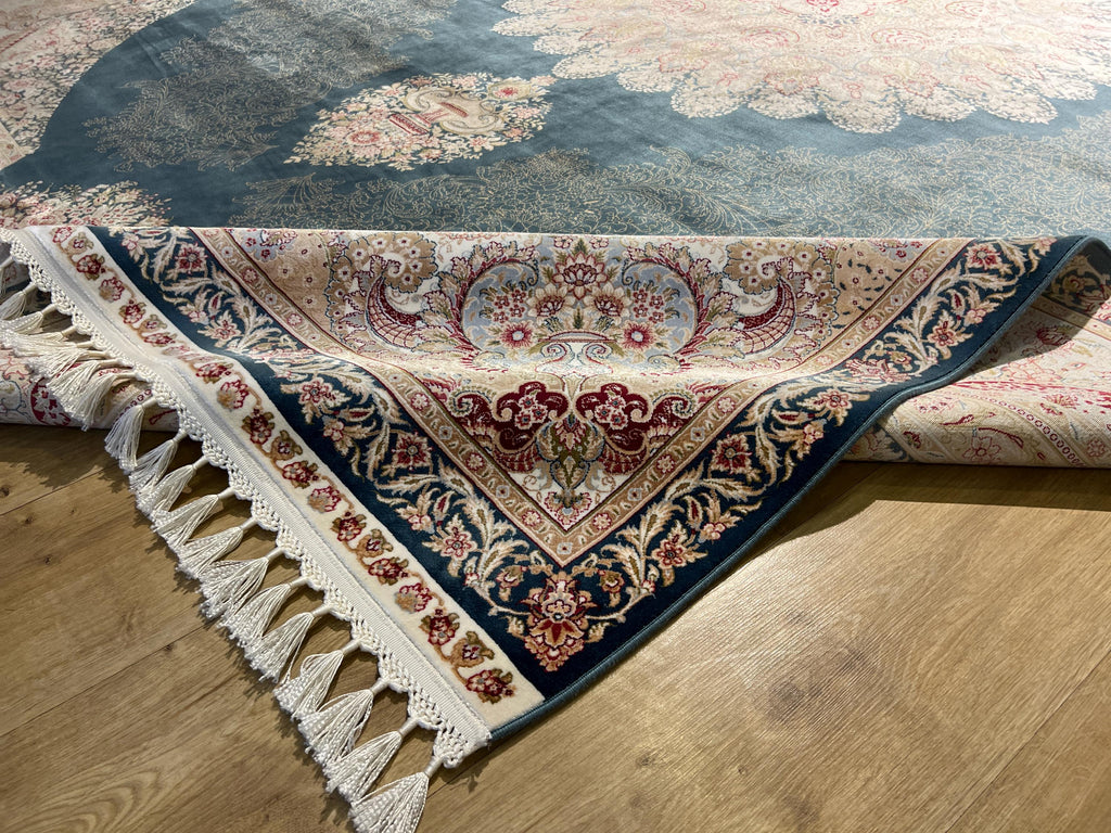 Blue Beige Silk Palace Rug, 8x11 ft, Traditional Turkish Carpet